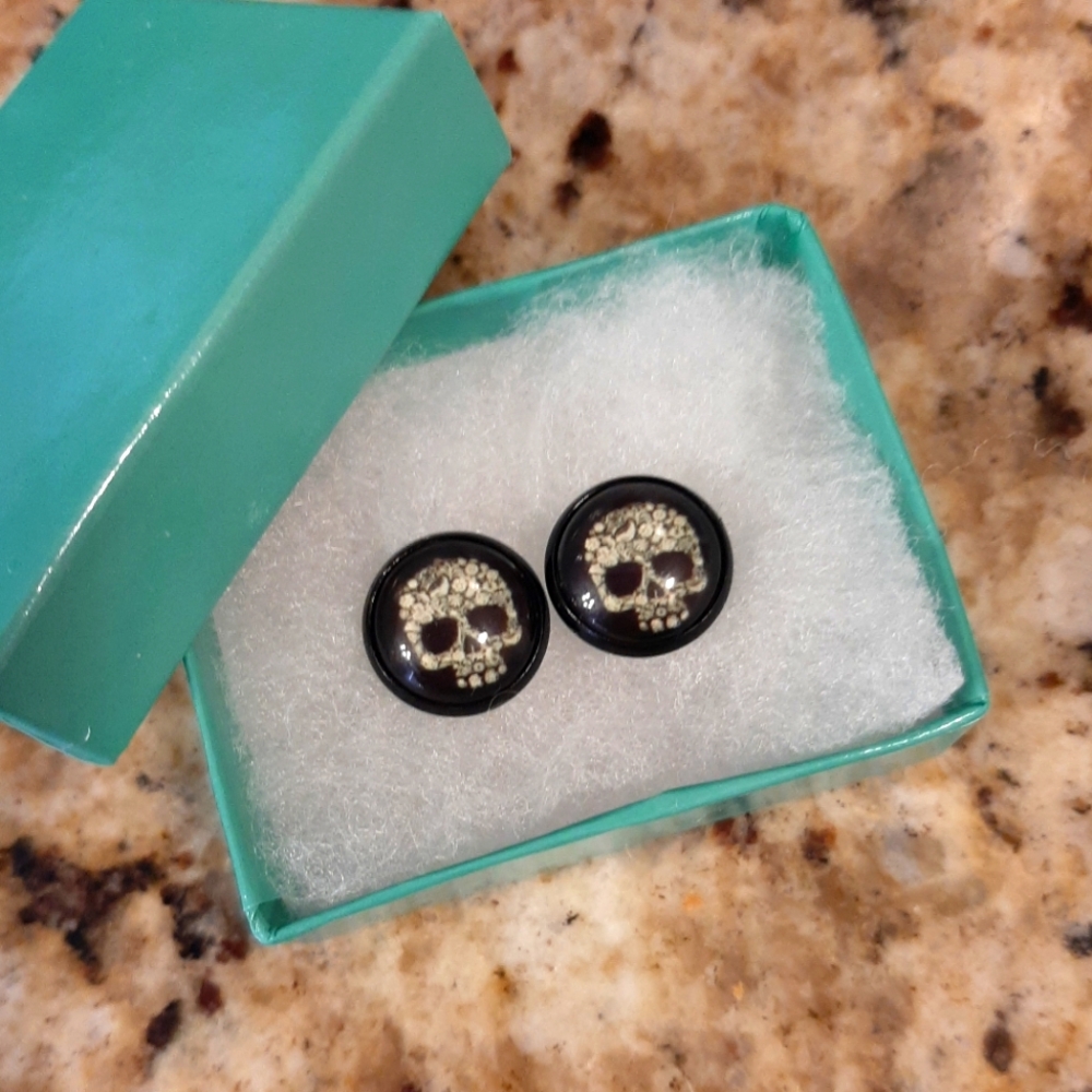 5 For $25.00- 12 mm Black and White Skull Stud Earrings